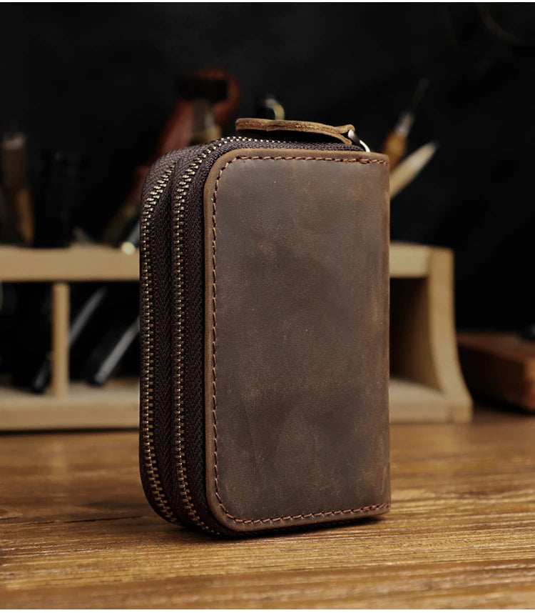 Genuine Leather Key Wallet For Men Retro Car Smart Key Case Double Zipper Housekeeper Keys Coin Pouch Organizer Handbag Women