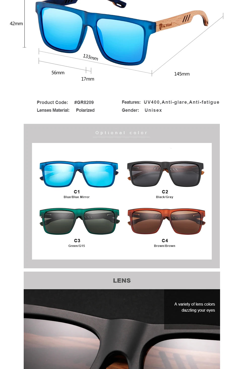 HU WOOD New High Quality Square Sunglasses For Men Polarized UV400 Fashion Sunglass Mirror Sport sun glasses Driving oculos