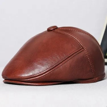 SILOQIN Men's Real Genuine Leather Caps Warm Berets Men Cowhide Leather Hat Winter Fur Earmuffs Cap Middle-aged Dad's Beret Hats
