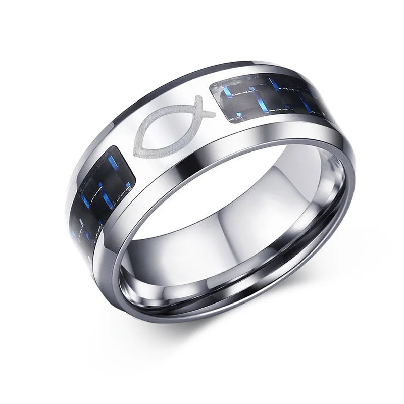 Vnox Customize Logo 8mm Men's Ring Carbon Fiber Wedding Band Personalized Simple Icon Image Meaningful Gift to Husband Dad