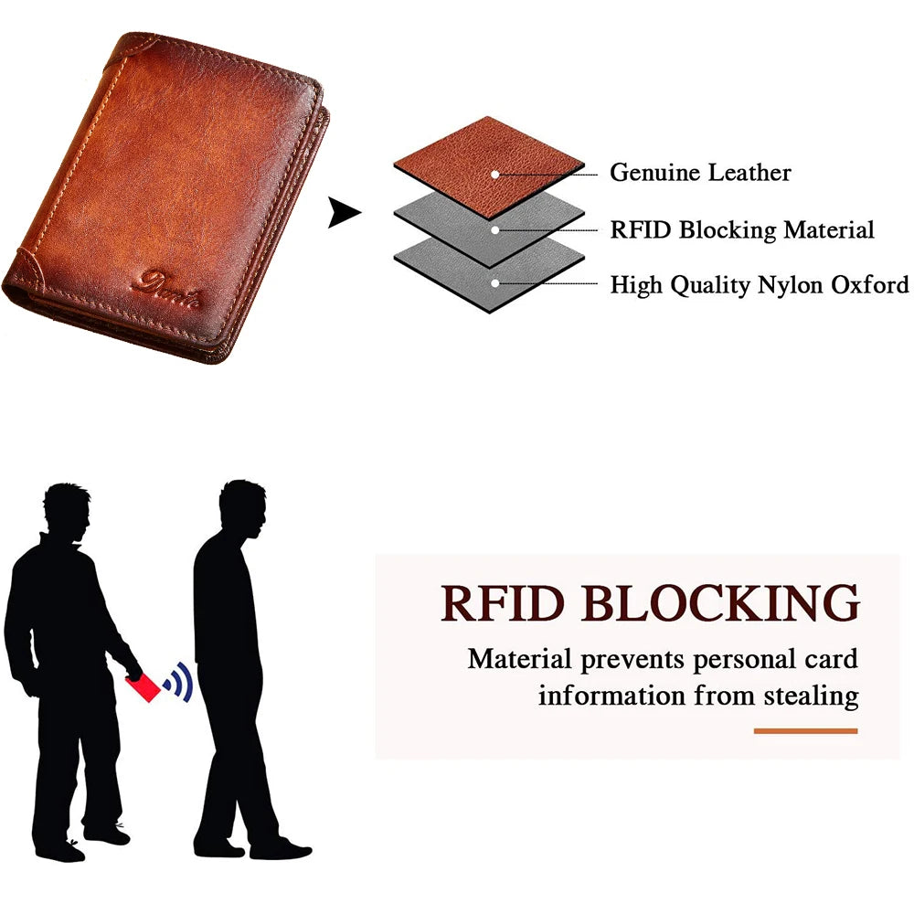 Dante Men's Leather Wallet RFID Anti-theft Brush Head Layer Cowhide Retro Casual Vertical Multi-Function Money Bag Money Clips