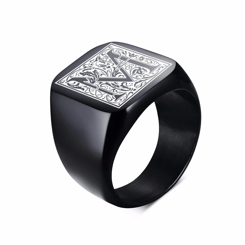 MONOGRAM SIGNET RING STAINLESS STEEL BIKER RINGS FOR MEN MONOGRAM FANCY INITAL SQUARE FLAT TOP BAND IN BLACK