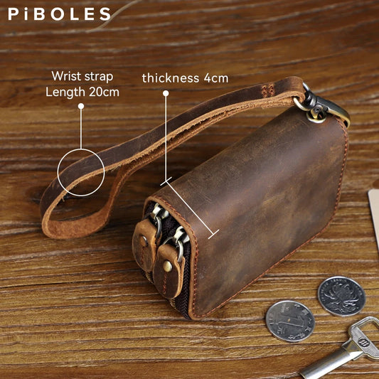 Genuine Leather Key Wallet For Men Retro Car Smart Key Case Double Zipper Housekeeper Keys Coin Pouch Organizer Handbag Women