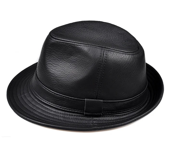 New 2025 Man High Quality Genuine Leather Jazz Fedora Gentleman Cow Skin Short Brim Black/Brown Top Hat Male Shows Topper