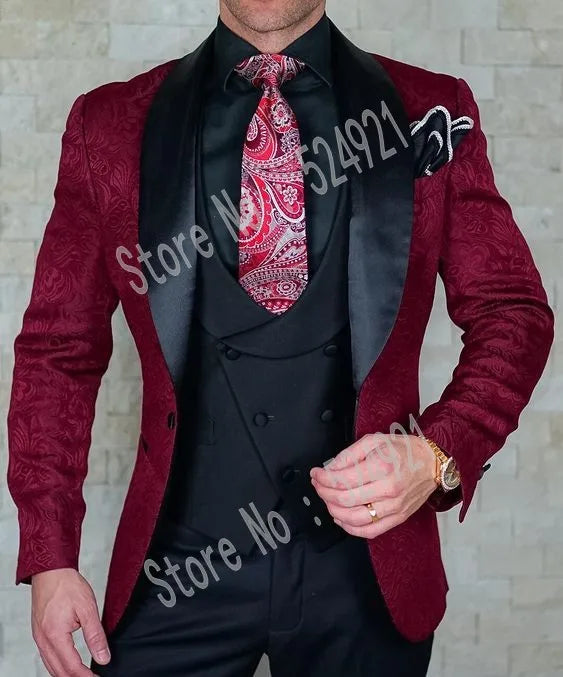 Hot Selling Men Suits Pattern and Black Groom Tuxedos Shawl Satin Lapel Groomsmen Wedding Best Man ( Jacket+Pants+Vest+Tie) C691