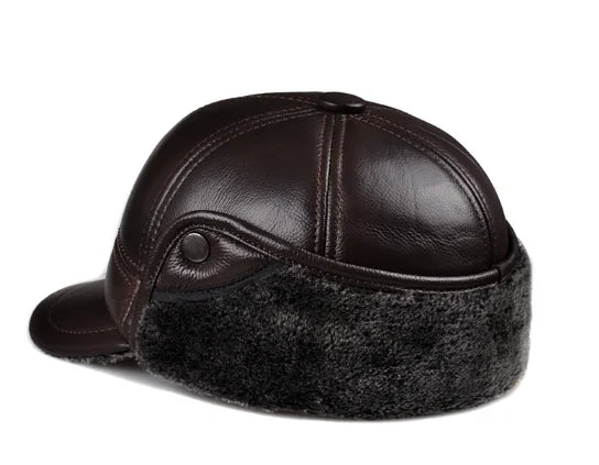 Genuine Cowhide Leather Faux Fur Caps Dad Warm Winter Hat For Men Velvet Flat-top Duck Tongue Ear Protection Outdoor Bomber Gorr