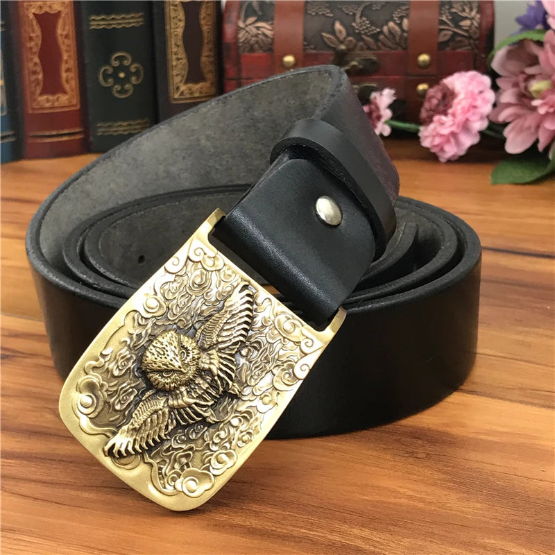 Brass Owl Belt Buckle Yellow Belts For Men Ceinture Homme Men Leather Belt Cowboy Jeans Male Leather Belt Strap Wide MBT0106