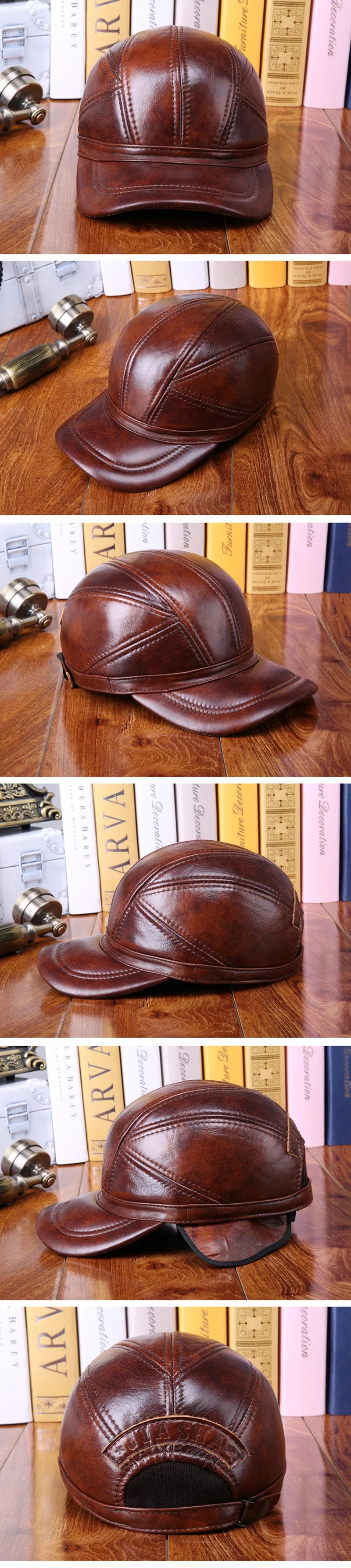 New Winter Men's Warm Cowhide Baseball Caps Genuine Leather Hat Adjustable Size Cowhide Cap Cold Proof Earmuff Hats Snapback Cap