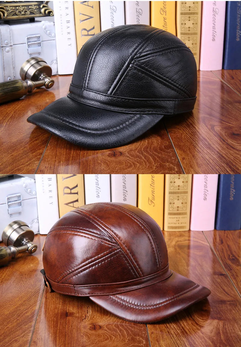 New Winter Men's Warm Cowhide Baseball Caps Genuine Leather Hat Adjustable Size Cowhide Cap Cold Proof Earmuff Hats Snapback Cap