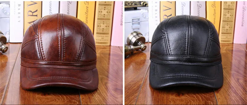 New Winter Men's Warm Cowhide Baseball Caps Genuine Leather Hat Adjustable Size Cowhide Cap Cold Proof Earmuff Hats Snapback Cap