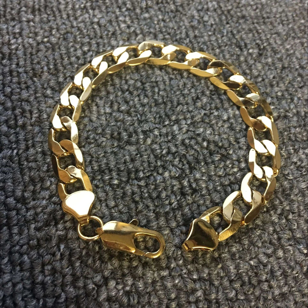 Wholesale 24k Gold Filled 10MM Curb Link Chain Bracelet for Men Women 20CM Long.Fashion Pure Gold Color Cuban Bracelet Jewelry