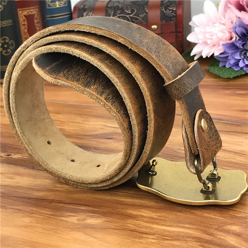 Brass Cowboy Belt Buckle Luxury Men Leather Belt Ceinture Homme Yellow Belts For Men Wide Male Strap Jeans Waist MBT0537