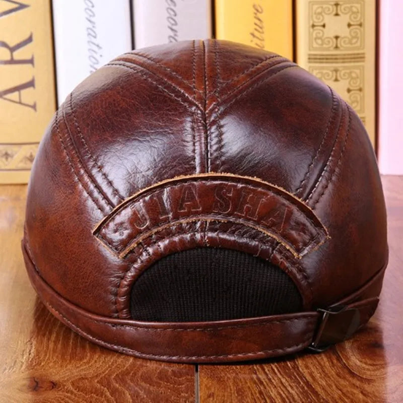 New Winter Men's Warm Cowhide Baseball Caps Genuine Leather Hat Adjustable Size Cowhide Cap Cold Proof Earmuff Hats Snapback Cap