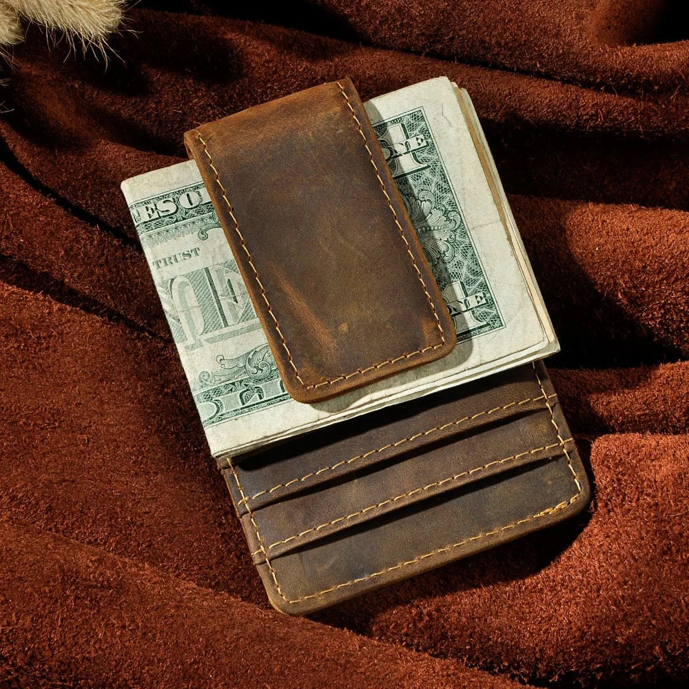 Leather Magnetic Money Clip Men Father's Day Gift Wallet Card Photo Holder Design Handy Front Pocket Wallet Mini Purse Male 1017