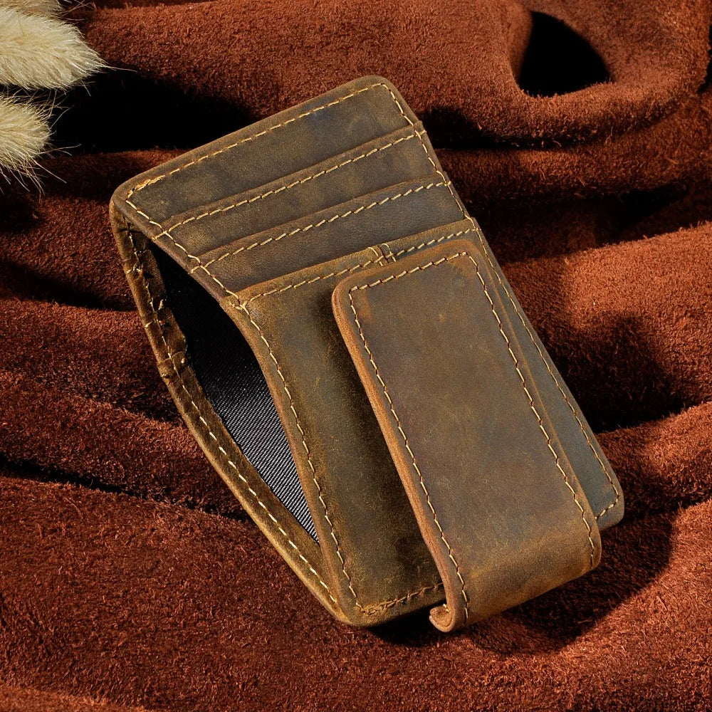Leather Magnetic Money Clip Men Father's Day Gift Wallet Card Photo Holder Design Handy Front Pocket Wallet Mini Purse Male 1017