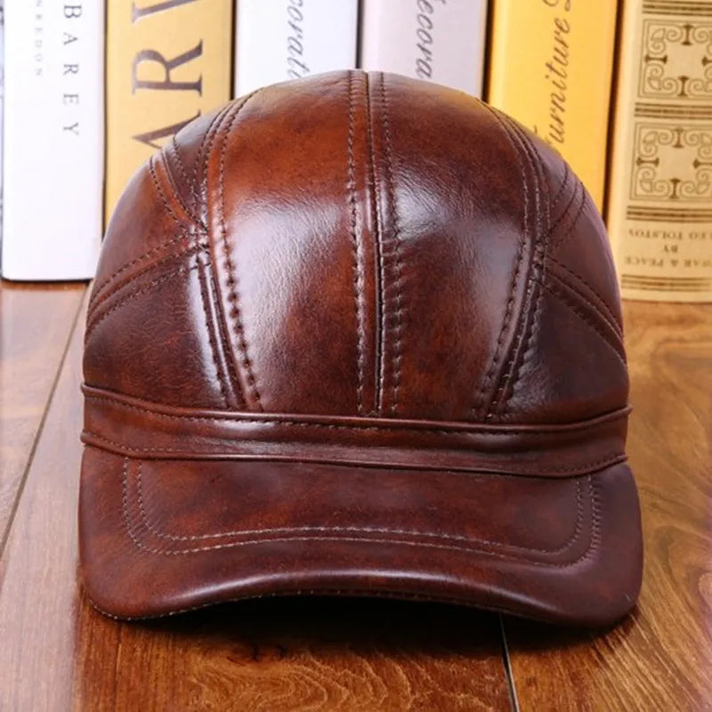 New Winter Men's Warm Cowhide Baseball Caps Genuine Leather Hat Adjustable Size Cowhide Cap Cold Proof Earmuff Hats Snapback Cap