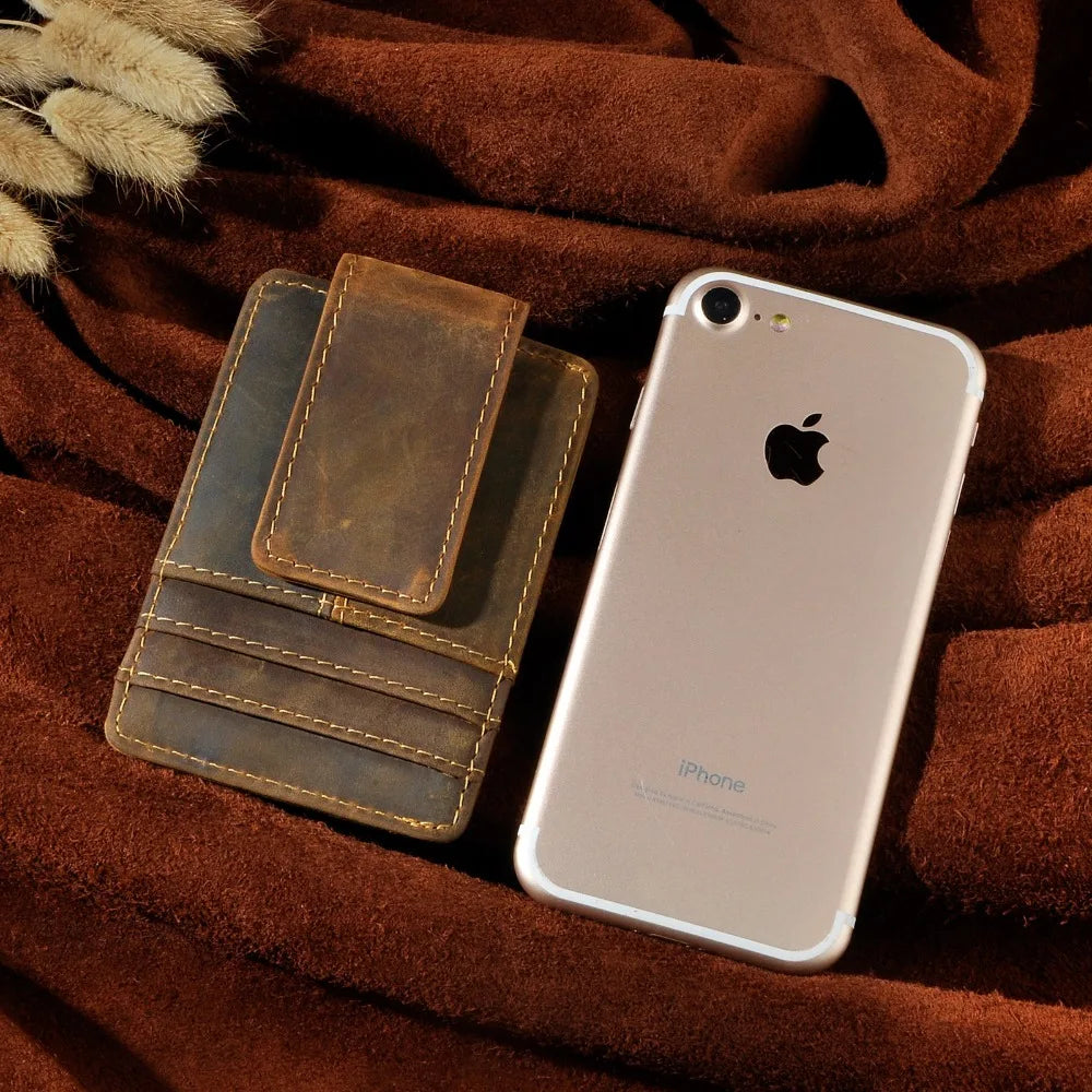 Leather Magnetic Money Clip Men Father's Day Gift Wallet Card Photo Holder Design Handy Front Pocket Wallet Mini Purse Male 1017