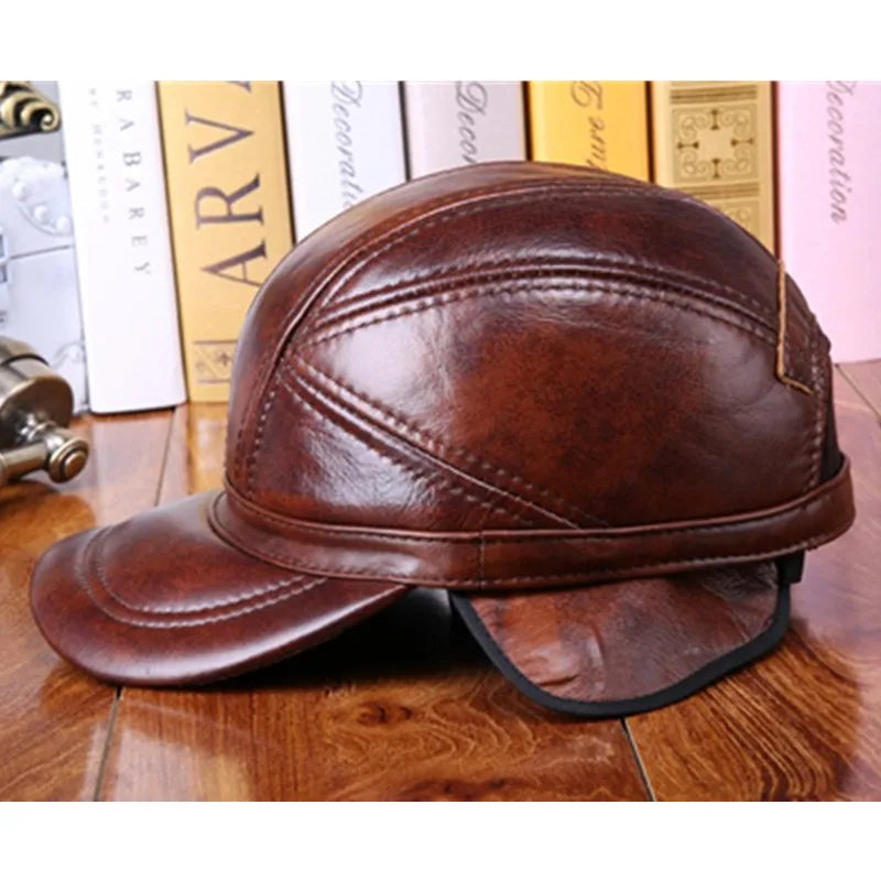 New Winter Men's Warm Cowhide Baseball Caps Genuine Leather Hat Adjustable Size Cowhide Cap Cold Proof Earmuff Hats Snapback Cap