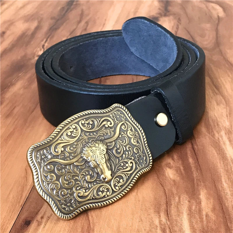 Brass Cowboy Belt Buckle Luxury Men Leather Belt Ceinture Homme Yellow Belts For Men Wide Male Strap Jeans Waist MBT0537