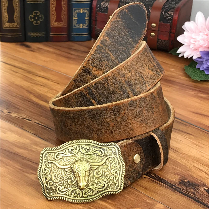 Brass Cowboy Belt Buckle Luxury Men Leather Belt Ceinture Homme Yellow Belts For Men Wide Male Strap Jeans Waist MBT0537