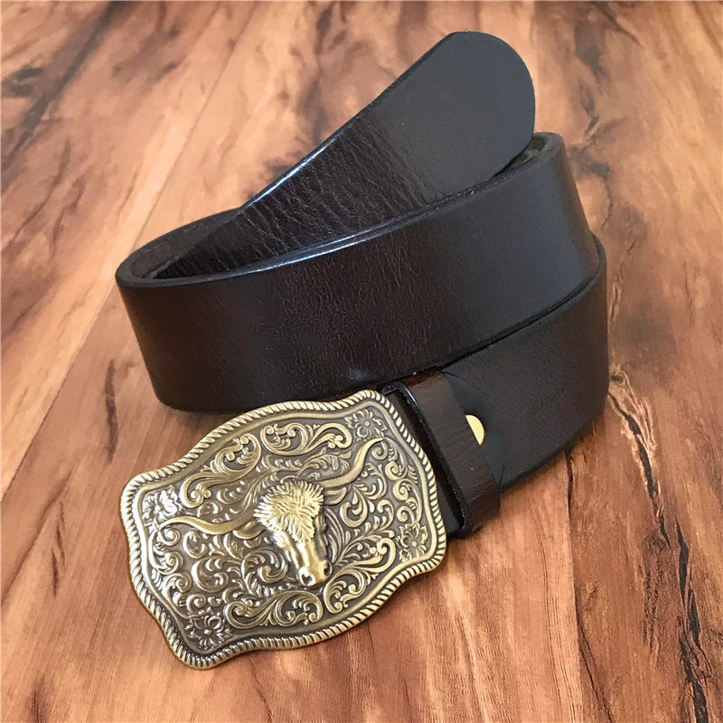 Brass Cowboy Belt Buckle Luxury Men Leather Belt Ceinture Homme Yellow Belts For Men Wide Male Strap Jeans Waist MBT0537