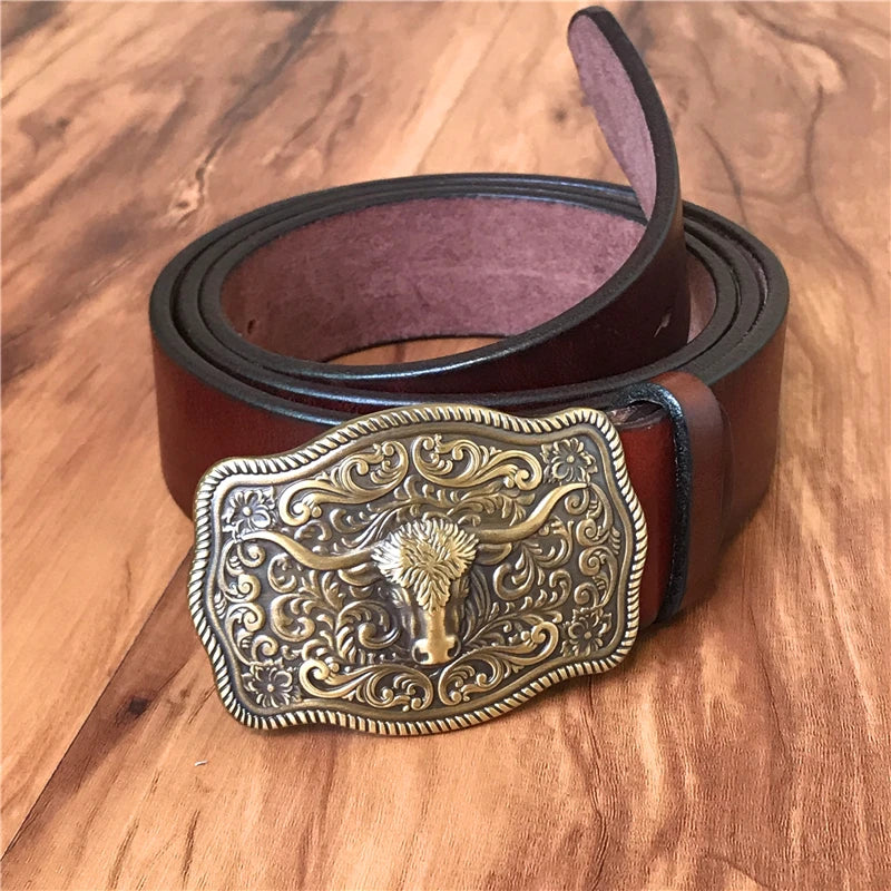 Brass Cowboy Belt Buckle Luxury Men Leather Belt Ceinture Homme Yellow Belts For Men Wide Male Strap Jeans Waist MBT0537