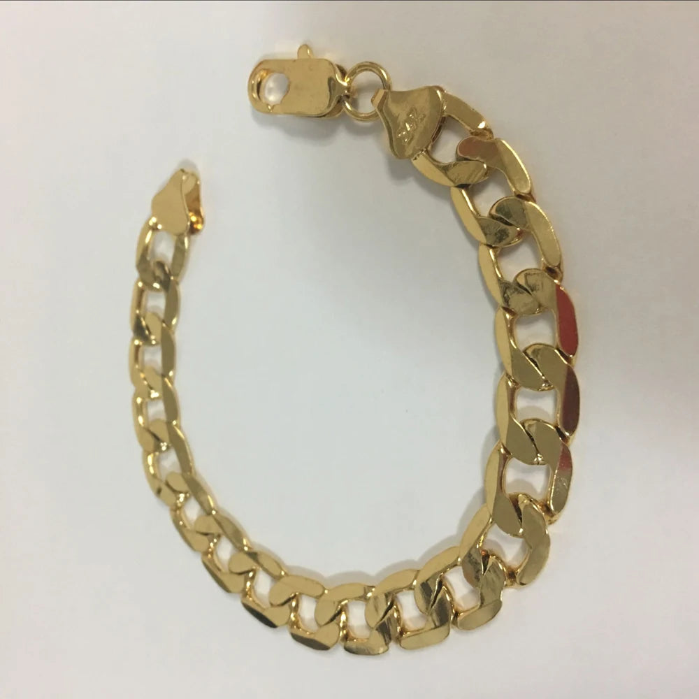 Wholesale 24k Gold Filled 10MM Curb Link Chain Bracelet for Men Women 20CM Long.Fashion Pure Gold Color Cuban Bracelet Jewelry