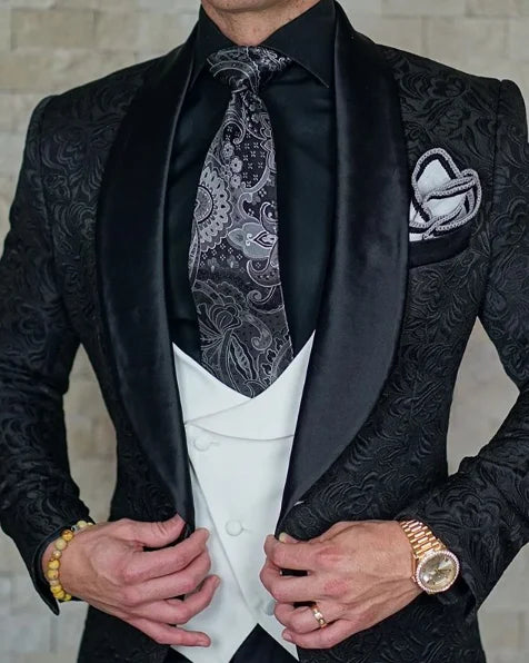 Hot Selling Men Suits Pattern and Black Groom Tuxedos Shawl Satin Lapel Groomsmen Wedding Best Man ( Jacket+Pants+Vest+Tie) C691