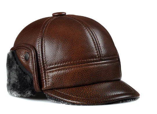 Genuine Cowhide Leather Faux Fur Caps Dad Warm Winter Hat For Men Velvet Flat-top Duck Tongue Ear Protection Outdoor Bomber Gorr