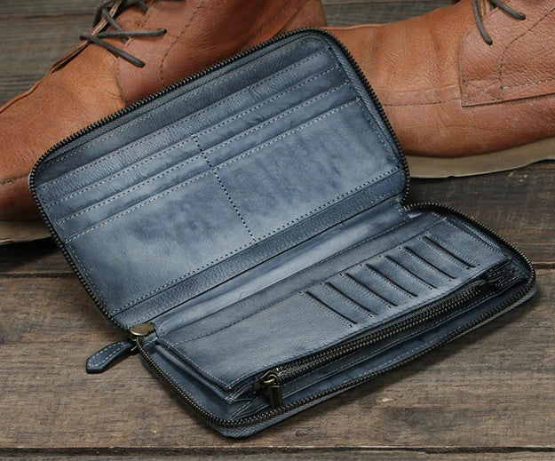 Vintage Genuine leather wallet Men leather long wallet men purse clutch bag male money clips zip around money bag card holder