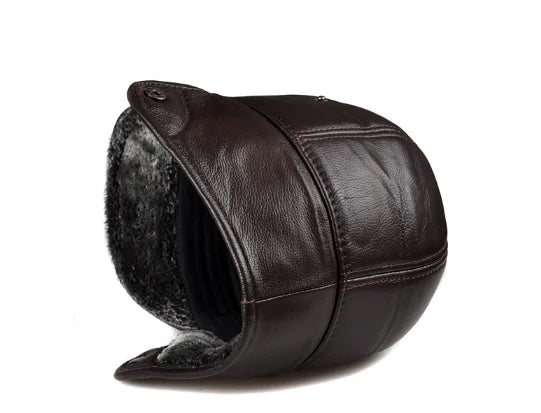 Genuine Cowhide Leather Faux Fur Caps Dad Warm Winter Hat For Men Velvet Flat-top Duck Tongue Ear Protection Outdoor Bomber Gorr