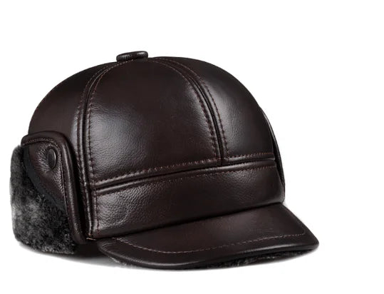 Genuine Cowhide Leather Faux Fur Caps Dad Warm Winter Hat For Men Velvet Flat-top Duck Tongue Ear Protection Outdoor Bomber Gorr