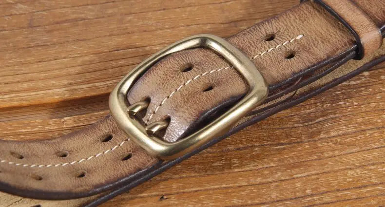 Vintage Men's 3.8cm Wide Double Breasted Belt 100% Cowhide Double Prong Buckle Handmade Heavy Duty Belt Fashion Jeans Belt Brown
