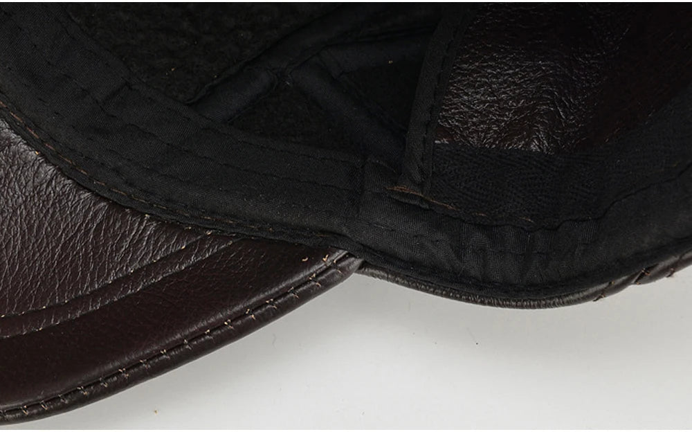 Brand Men Casual Real Leather Earflap Cap Men Real Cowhide Leather Caps Male Fall Winter Genuine Real Cow Leather Baseball Hats