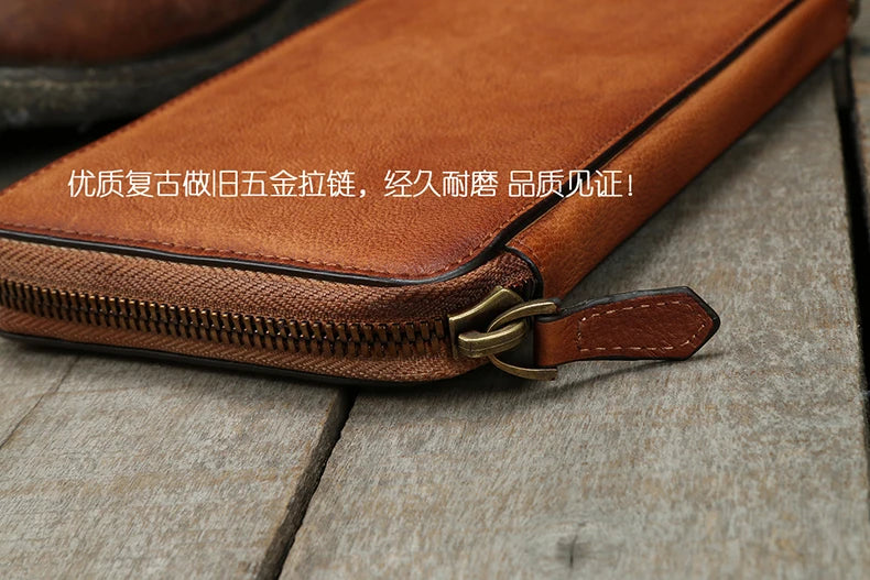 Vintage Genuine leather wallet Men leather long wallet men purse clutch bag male money clips zip around money bag card holder