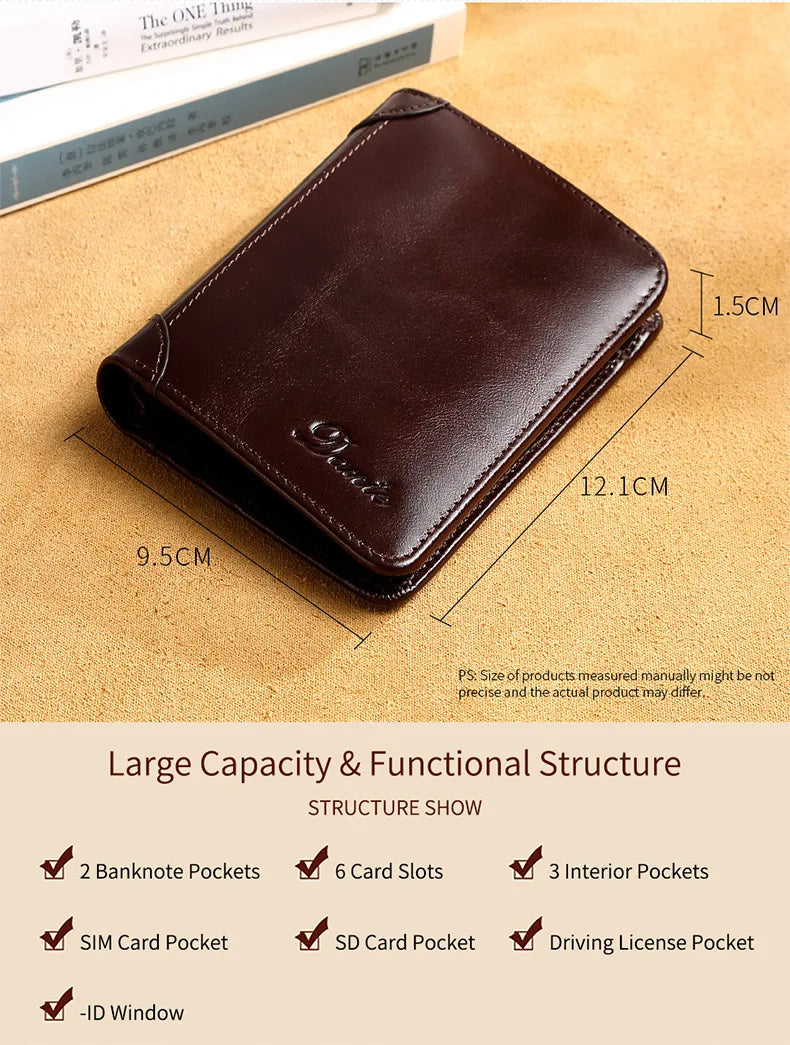 Dante Men's Leather Wallet RFID Anti-theft Brush Head Layer Cowhide Retro Casual Vertical Multi-Function Money Bag Money Clips
