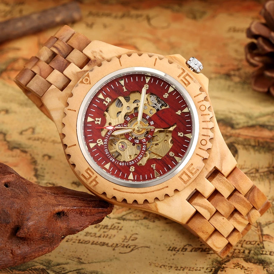 Men's Watch Top Luxury Mechanical Watch Automatic Red Skeleton Cherry Wood Clock Men Full Wooden Band Casual Wristwatch Retro
