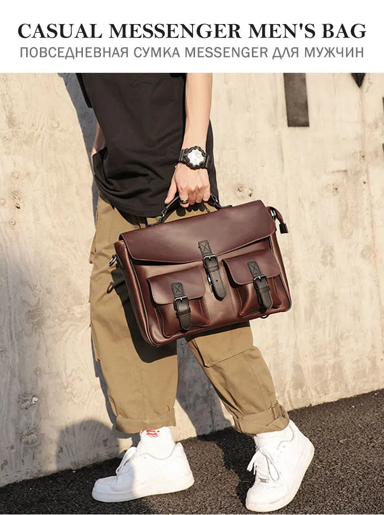 Men Leather Bag Men's Laptop Briefcase Bag Vintage Male Office Messenger Bag Business PU Leather Briefcase Bags For Man Backpack