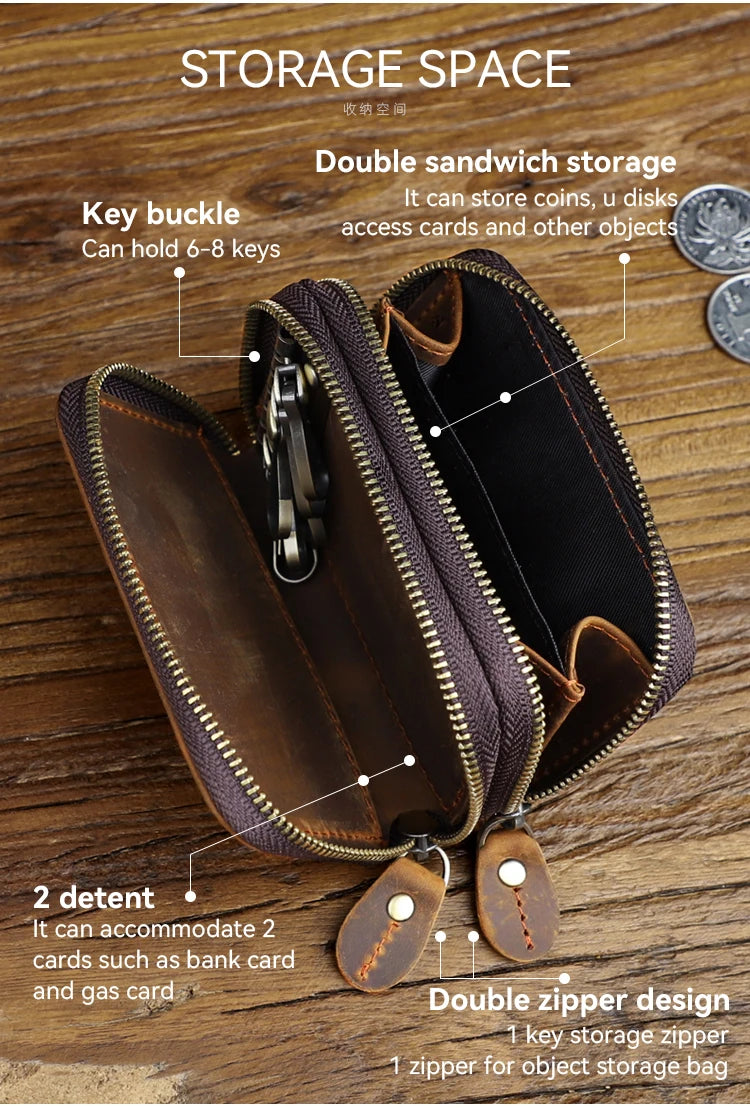 Genuine Leather Key Wallet For Men Retro Car Smart Key Case Double Zipper Housekeeper Keys Coin Pouch Organizer Handbag Women
