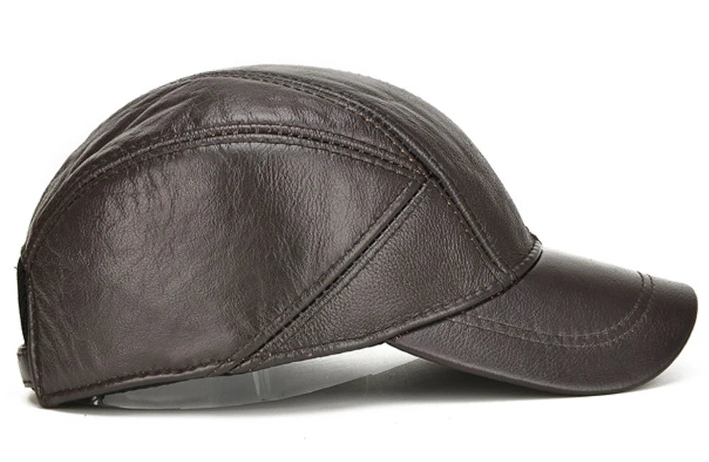 Brand Men Casual Real Leather Earflap Cap Men Real Cowhide Leather Caps Male Fall Winter Genuine Real Cow Leather Baseball Hats