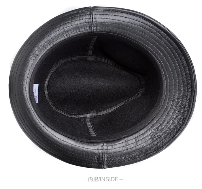 New 2025 Man High Quality Genuine Leather Jazz Fedora Gentleman Cow Skin Short Brim Black/Brown Top Hat Male Shows Topper
