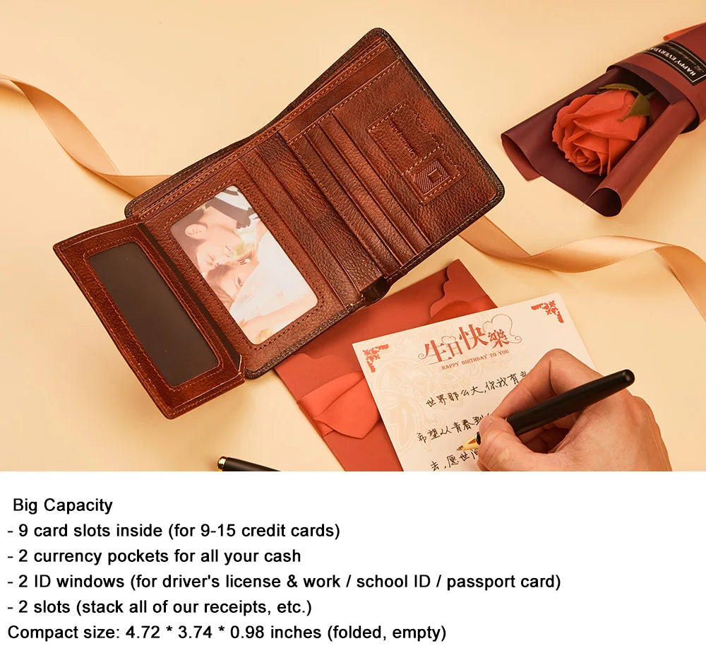 Dante Men's Leather Wallet RFID Anti-theft Brush Head Layer Cowhide Retro Casual Vertical Multi-Function Money Bag Money Clips