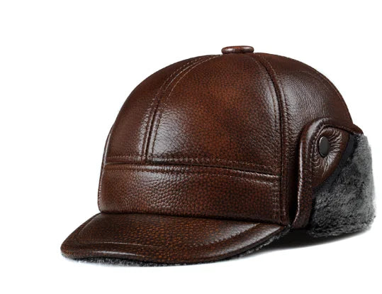 Genuine Cowhide Leather Faux Fur Caps Dad Warm Winter Hat For Men Velvet Flat-top Duck Tongue Ear Protection Outdoor Bomber Gorr