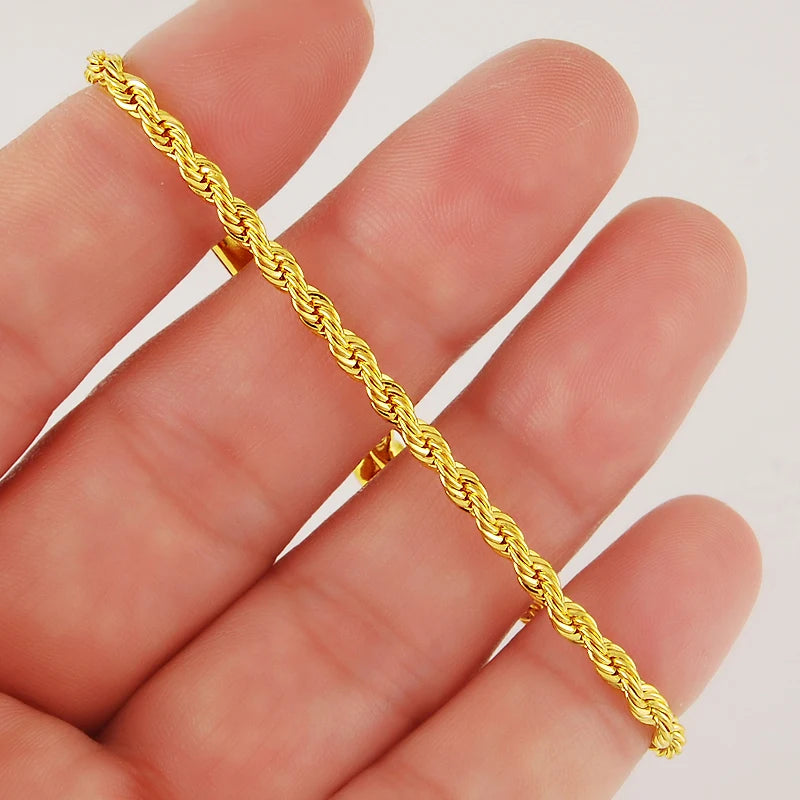 24K Real Gold Bracelet 3MM Twisted Rope Twisted Gold Plated Bracelet for Men & Women Wedding Jewelry Gifts