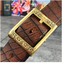 Brass Cowboy Belt Buckle Luxury Men Leather Belt Ceinture Homme Yellow Belts For Men Wide Male Strap Jeans Waist MBT0537