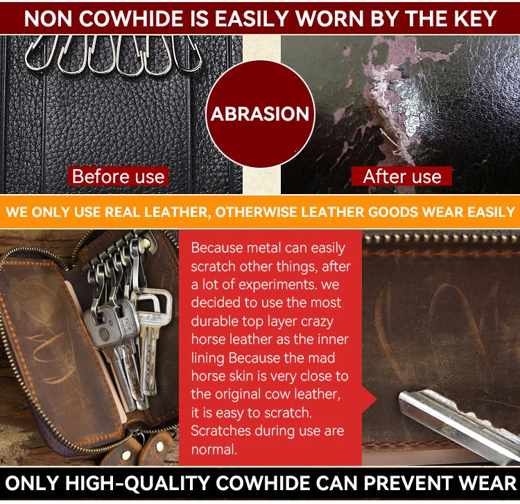 Genuine Leather Key Wallet For Men Retro Car Smart Key Case Double Zipper Housekeeper Keys Coin Pouch Organizer Handbag Women