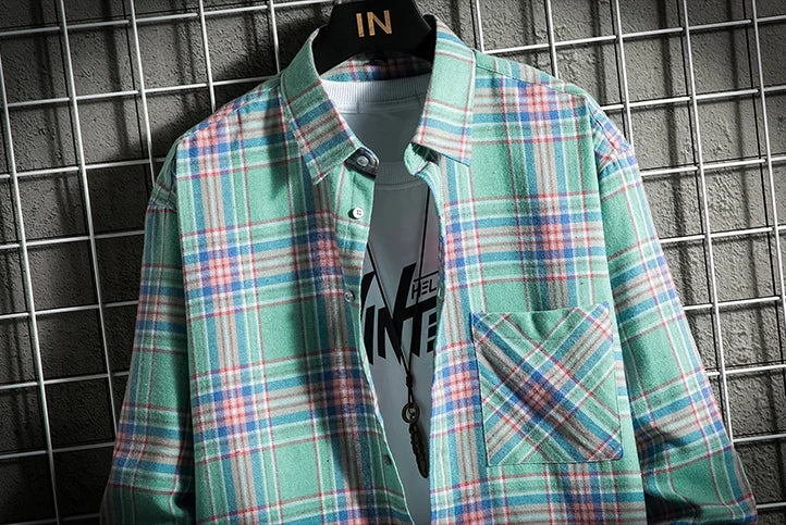 Men's Clothing Fashion Cotton Shirts Single Pocket Long Sleeve Youthful Soft Casual Plaid Checkered Top Male Shirts  for men