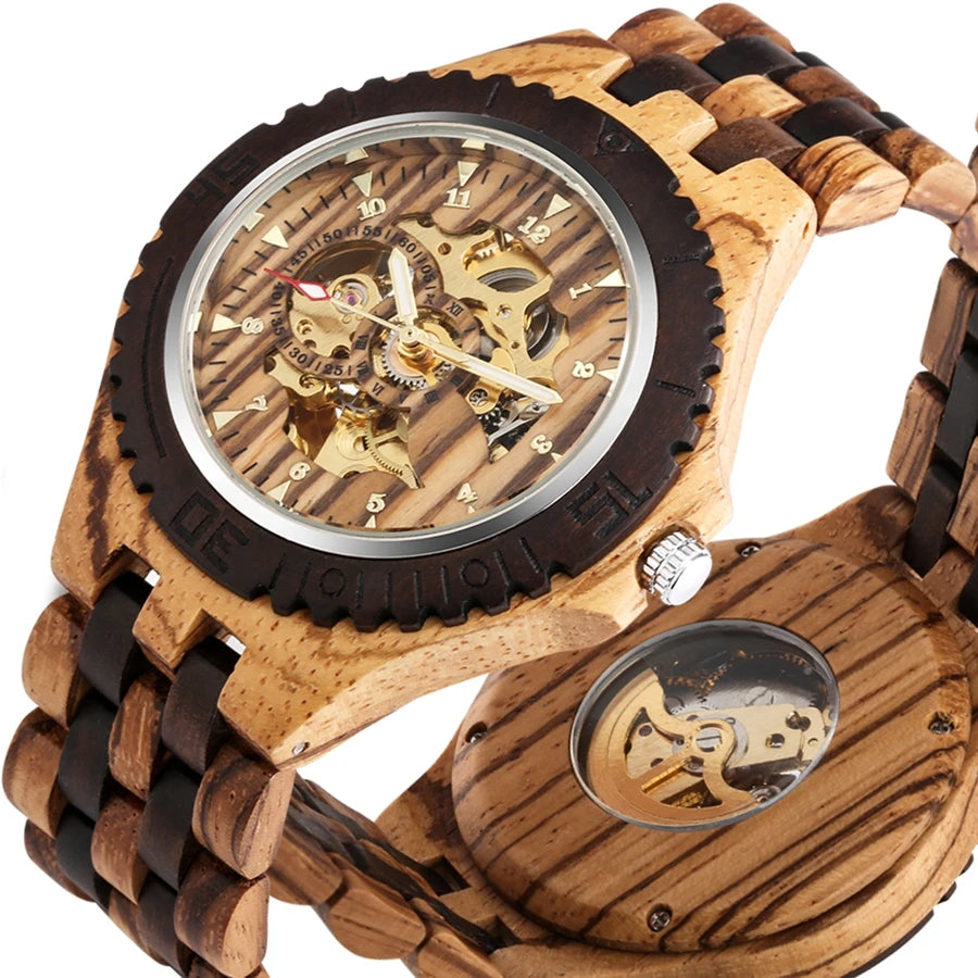 Men's Watch Top Luxury Mechanical Watch Automatic Red Skeleton Cherry Wood Clock Men Full Wooden Band Casual Wristwatch Retro