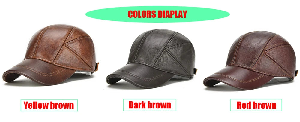 Brand Men Casual Real Leather Earflap Cap Men Real Cowhide Leather Caps Male Fall Winter Genuine Real Cow Leather Baseball Hats