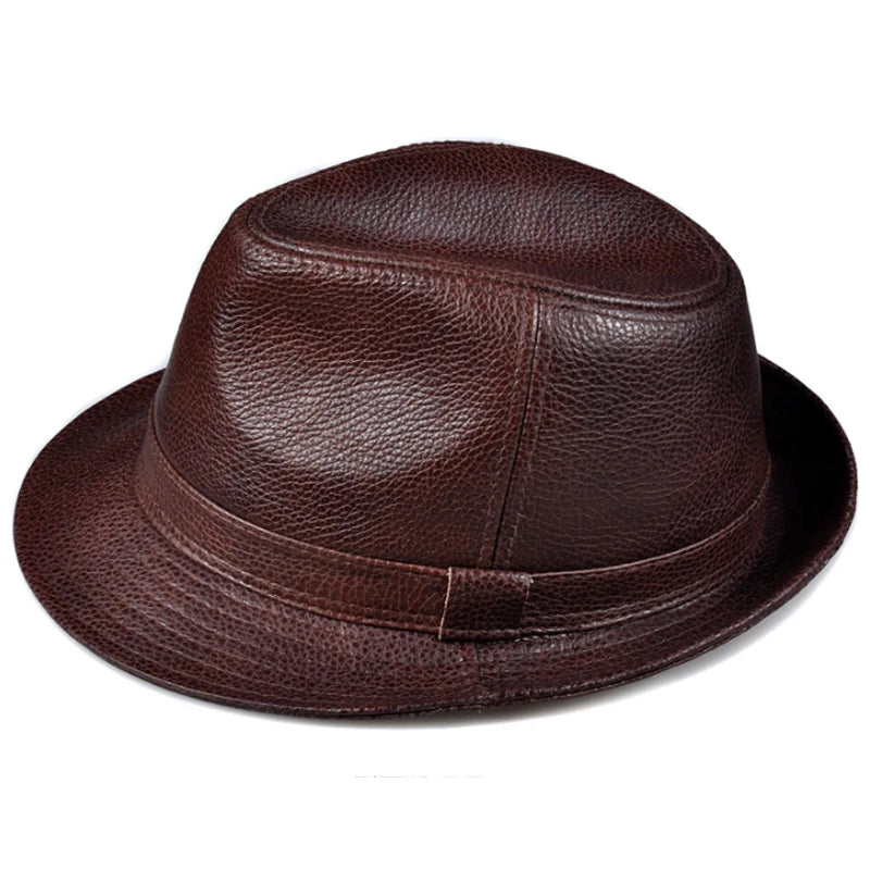 New 2025 Man High Quality Genuine Leather Jazz Fedora Gentleman Cow Skin Short Brim Black/Brown Top Hat Male Shows Topper